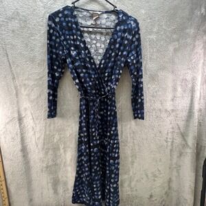 HM Blue Polka Dot Wrap Dress Womens Small 3/4 Sleeve V-Neck Stretch Knee Length